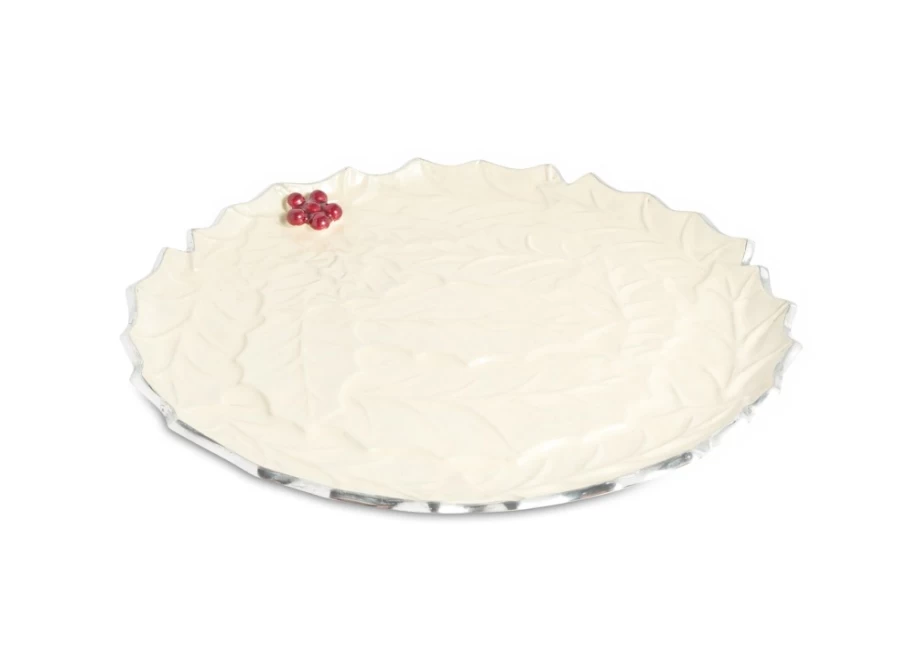 Julia Knight 13" Round Holly Sprig Snow Platter - Christmas Dinner Plate, Holiday Serving Tray, Winter Party Decor