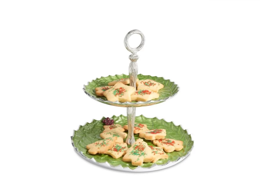 Julia Knight 11.5" Two-Tiered Serving Tray - Holly Sprig Design for Mojito Appetizers & Party Snacks
