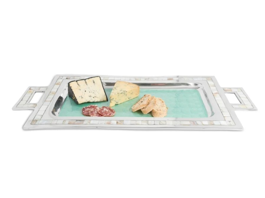 Julia Knight 25-Inch Aqua Blue Rectangular Serving Tray with Handles, Classic Design for Dining & Entertaining