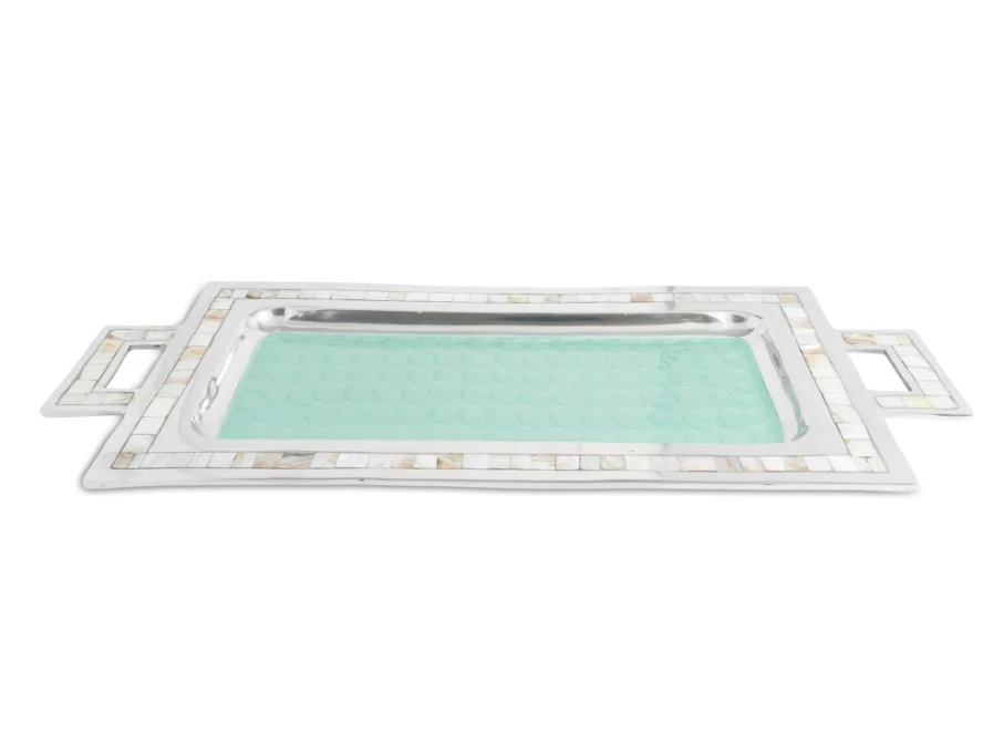 Julia Knight 25-Inch Aqua Blue Rectangular Serving Tray with Handles, Classic Design for Dining & Entertaining
