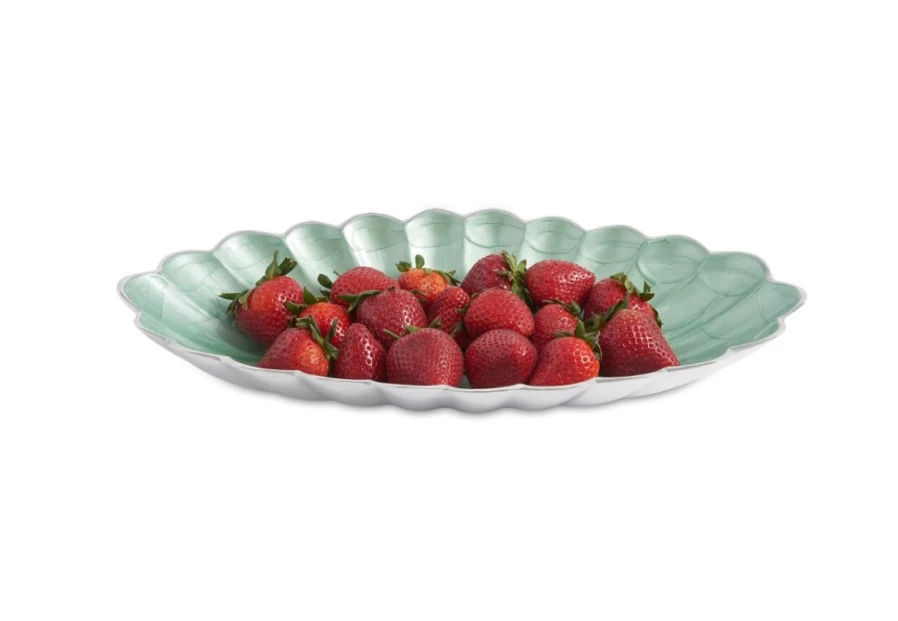 Julia Knight 16" Aqua Oval Porcelain Bowl Handcrafted Peony Design