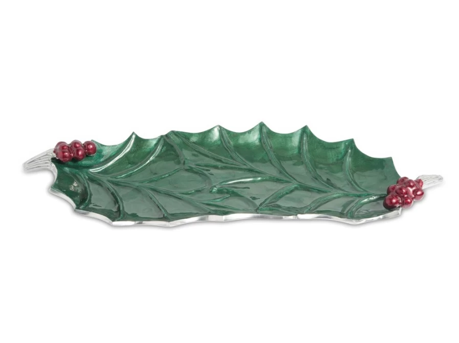 Julia Knight 16" Emerald Green Decorative Tray with Holly Sprig Design