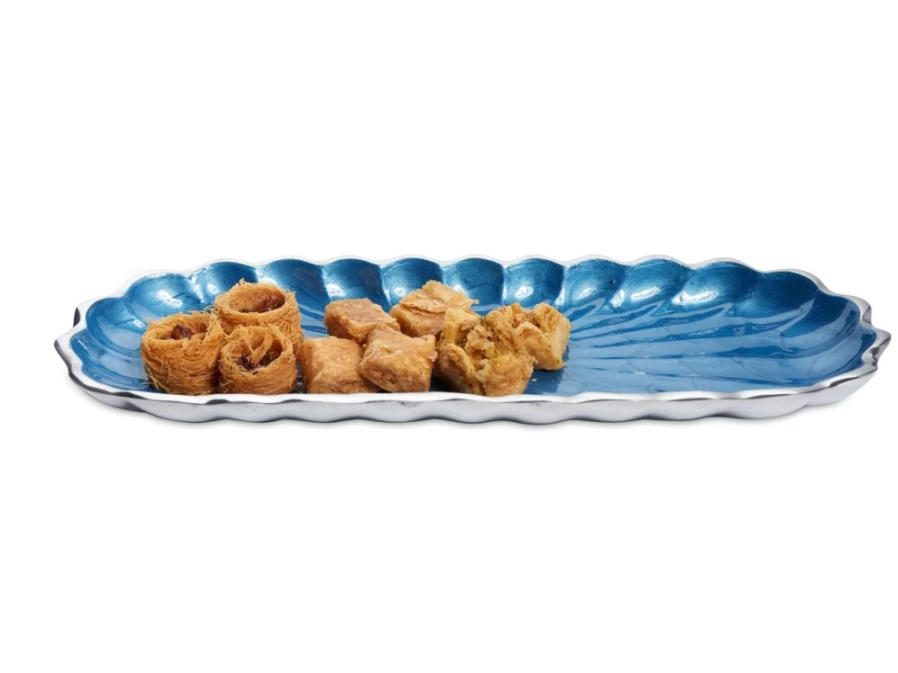 Julia Knight 14" Azure Blue Rectangular Serving Tray with Peony Floral Design