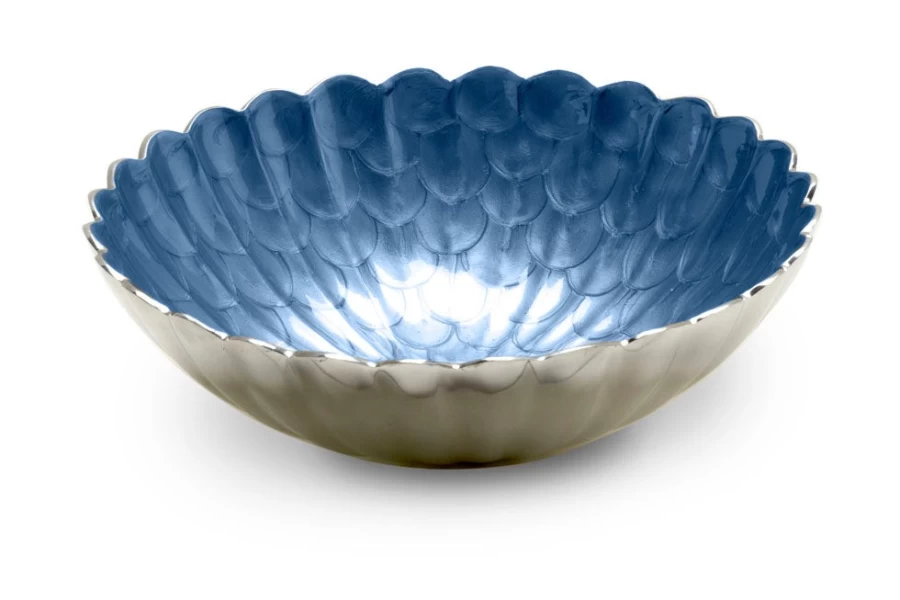 Julia Knight 15 Inch Azure Blue Ceramic Bowl Handcrafted Peony Floral Design