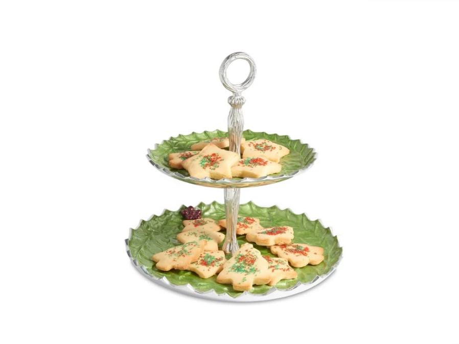 Julia Knight 11.5" Two-Tiered Serving Tray - Holly Sprig Design for Mojito Appetizers & Party Snacks