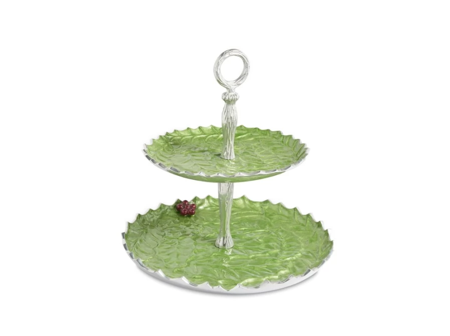 Julia Knight 11.5" Two-Tiered Serving Tray - Holly Sprig Design for Mojito Appetizers & Party Snacks
