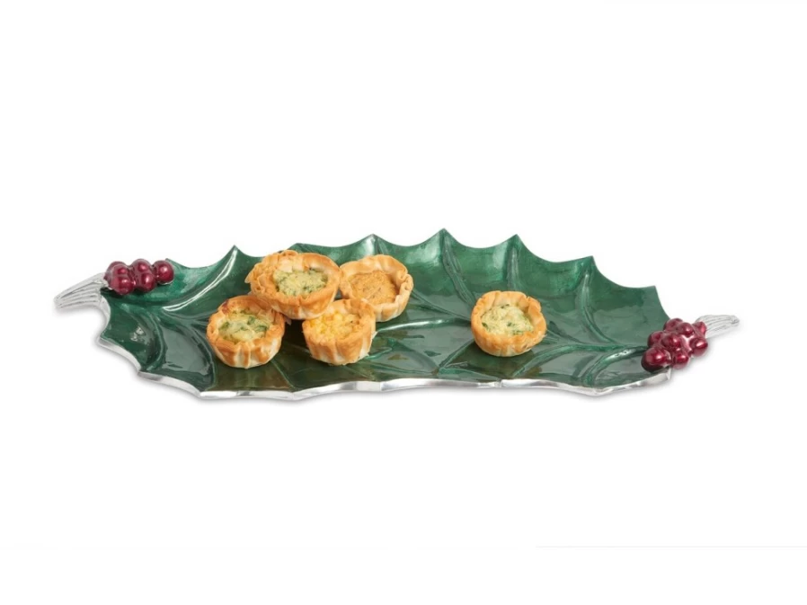 Julia Knight 16" Emerald Green Decorative Tray with Holly Sprig Design