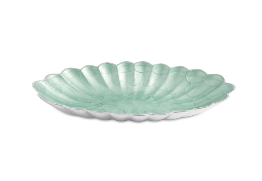 Julia Knight 16" Aqua Oval Porcelain Bowl Handcrafted Peony Design
