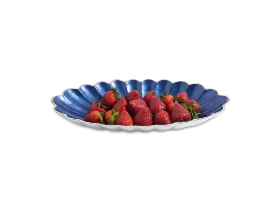 Julia Knight 16" Oval Sapphire Blue Bowl - Handcrafted Peony Design Ceramic Serving Dish